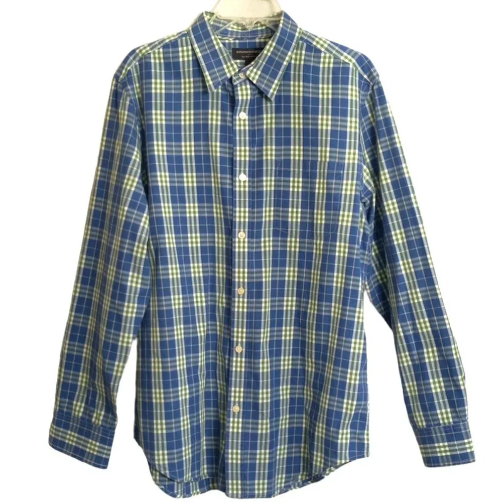 Banana Republic Men's Plaid Shirt Long Sleeve Button Up Sz L Pocket Green/Blue